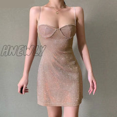 Hnewly Sexy Bright Silk Diamond Women Mini Dress Low-Neck Sleeveless Backless Night Club Party