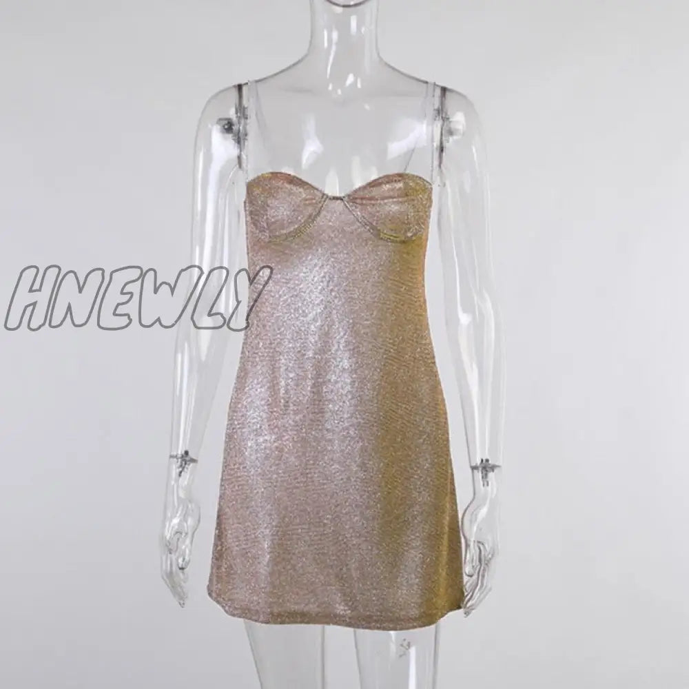 Hnewly Sexy Bright Silk Diamond Women Mini Dress Low-Neck Sleeveless Backless Night Club Party