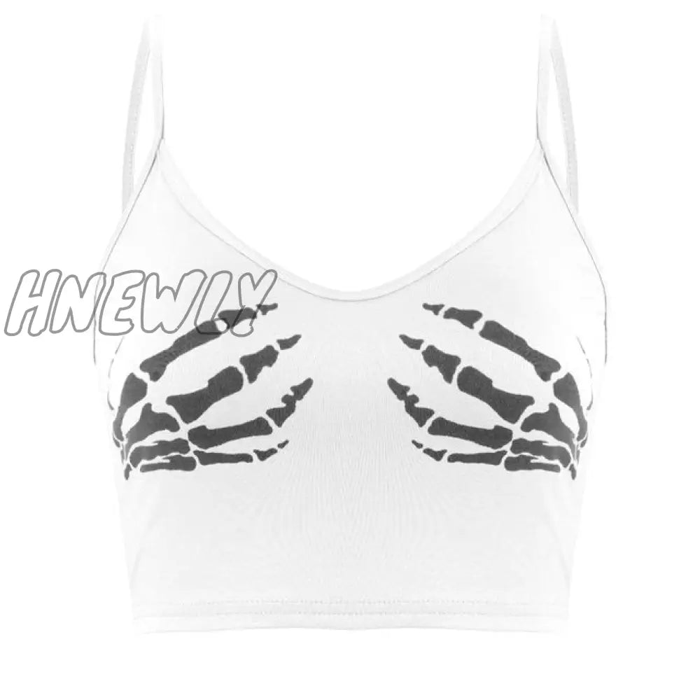 Hnewly Sexy Club Women Summer Crop Top Camis Black Sleeveless Human Skeleton Skull Hand Printed