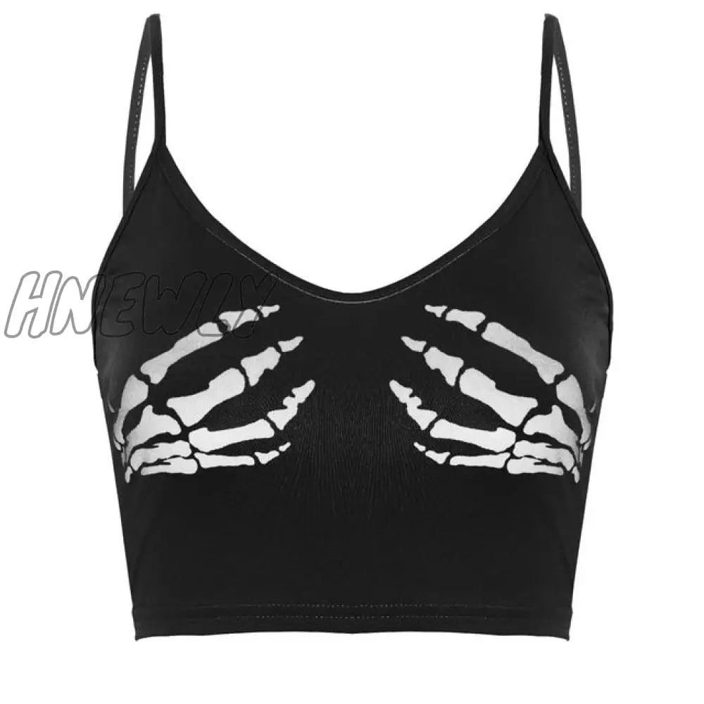 Hnewly Sexy Club Women Summer Crop Top Camis Black Sleeveless Human Skeleton Skull Hand Printed