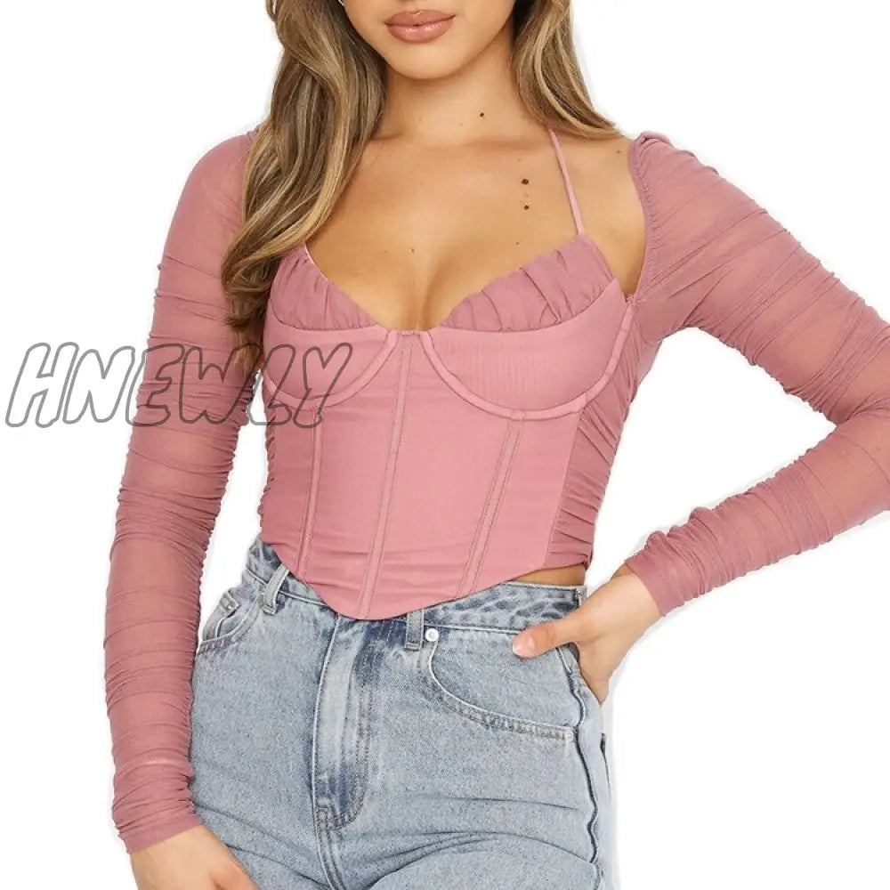 Hnewly Sexy Crop Tops Women Y2K Trim 90S Aesthetics Cropped Top Square Neck Long Sleeve Streetwear