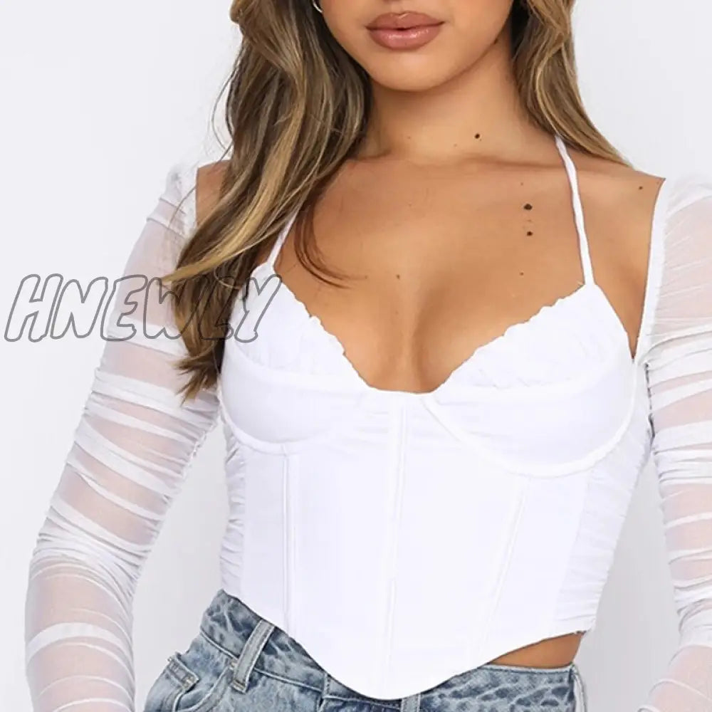 Hnewly Sexy Crop Tops Women Y2K Trim 90S Aesthetics Cropped Top Square Neck Long Sleeve Streetwear