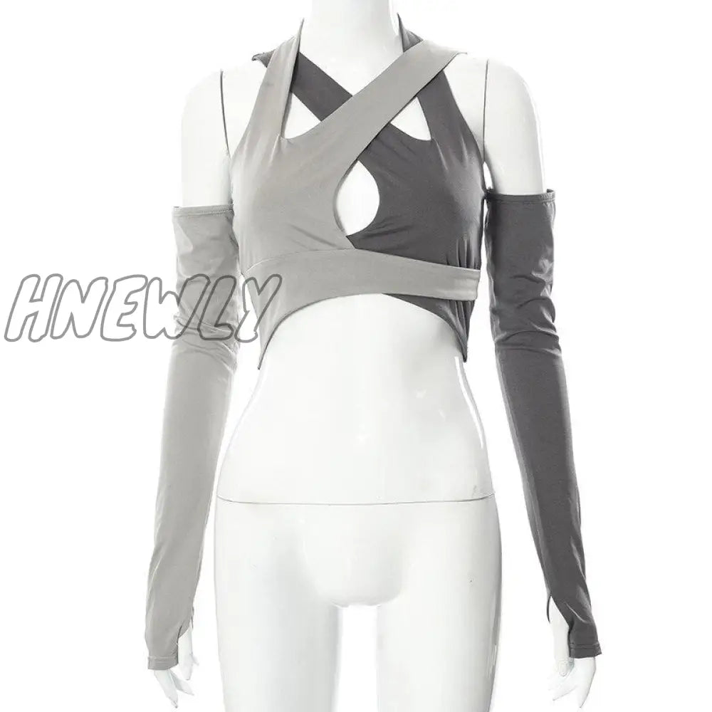 Hnewly Sexy Cut Out Cross Halter Crop Top With Arm Sleeves Cyber Y2K Clothes Streetwear Women