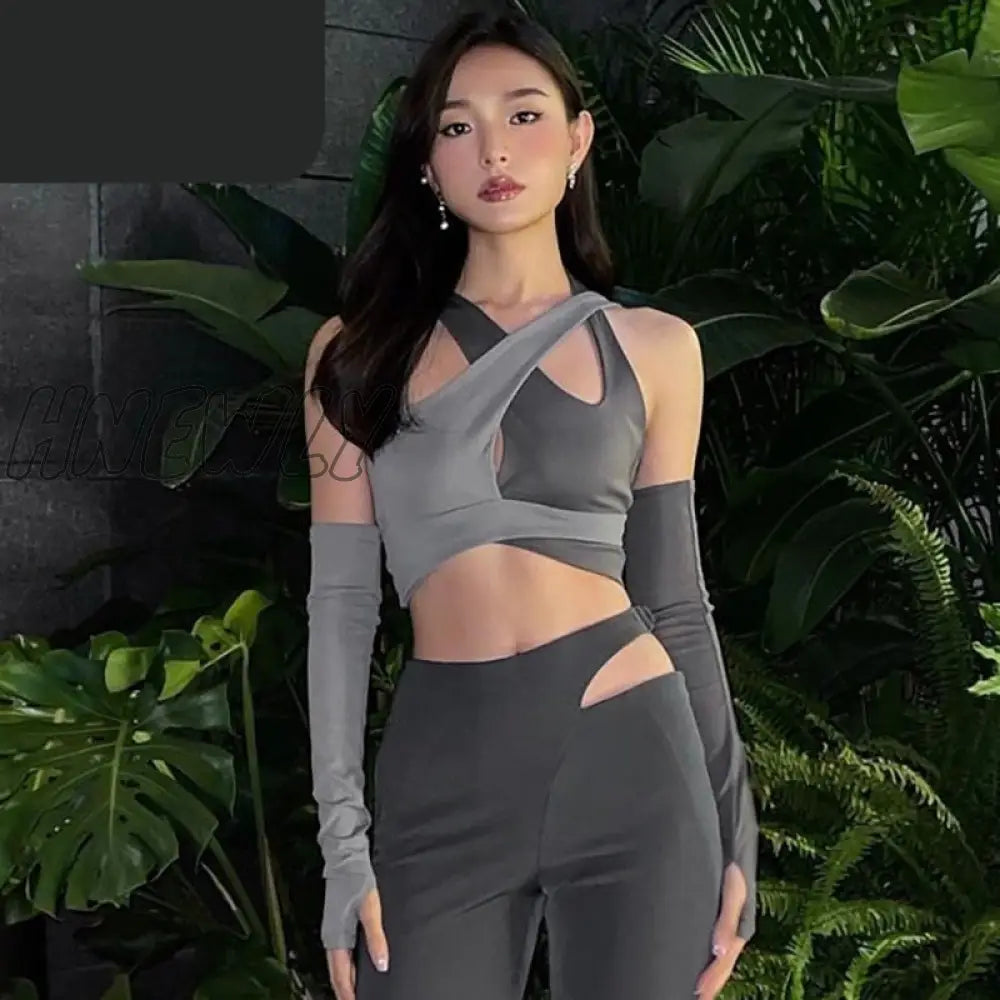 Hnewly Sexy Cut Out Cross Halter Crop Top With Arm Sleeves Cyber Y2K Clothes Streetwear Women