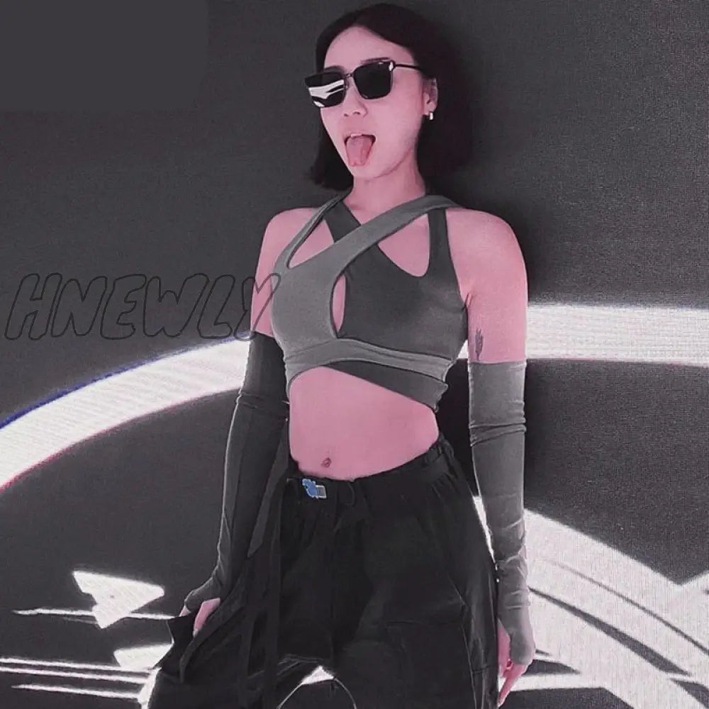 Hnewly Sexy Cut Out Cross Halter Crop Top With Arm Sleeves Cyber Y2K Clothes Streetwear Women