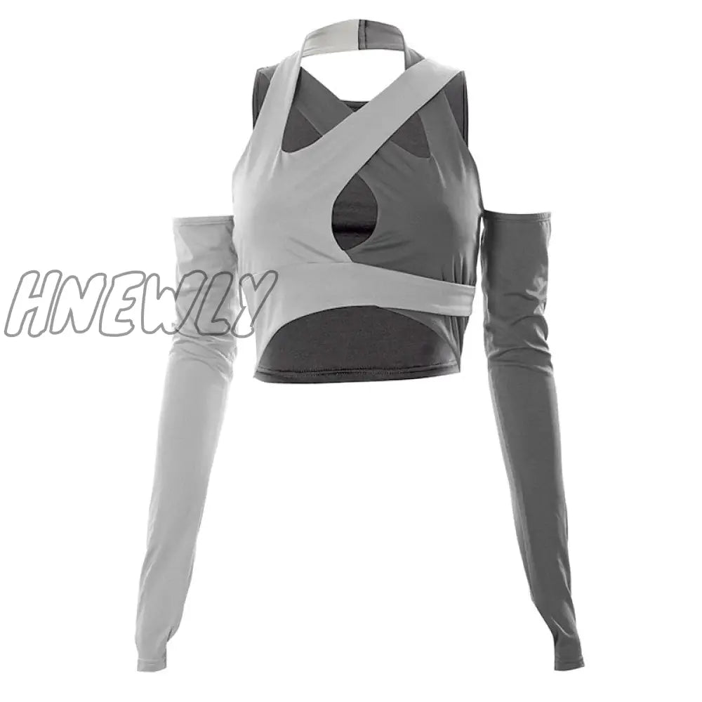 Hnewly Sexy Cut Out Cross Halter Crop Top With Arm Sleeves Cyber Y2K Clothes Streetwear Women