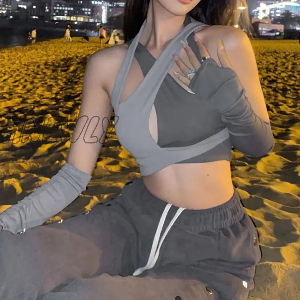 Hnewly Sexy Cut Out Cross Halter Crop Top With Arm Sleeves Cyber Y2K Clothes Streetwear Women