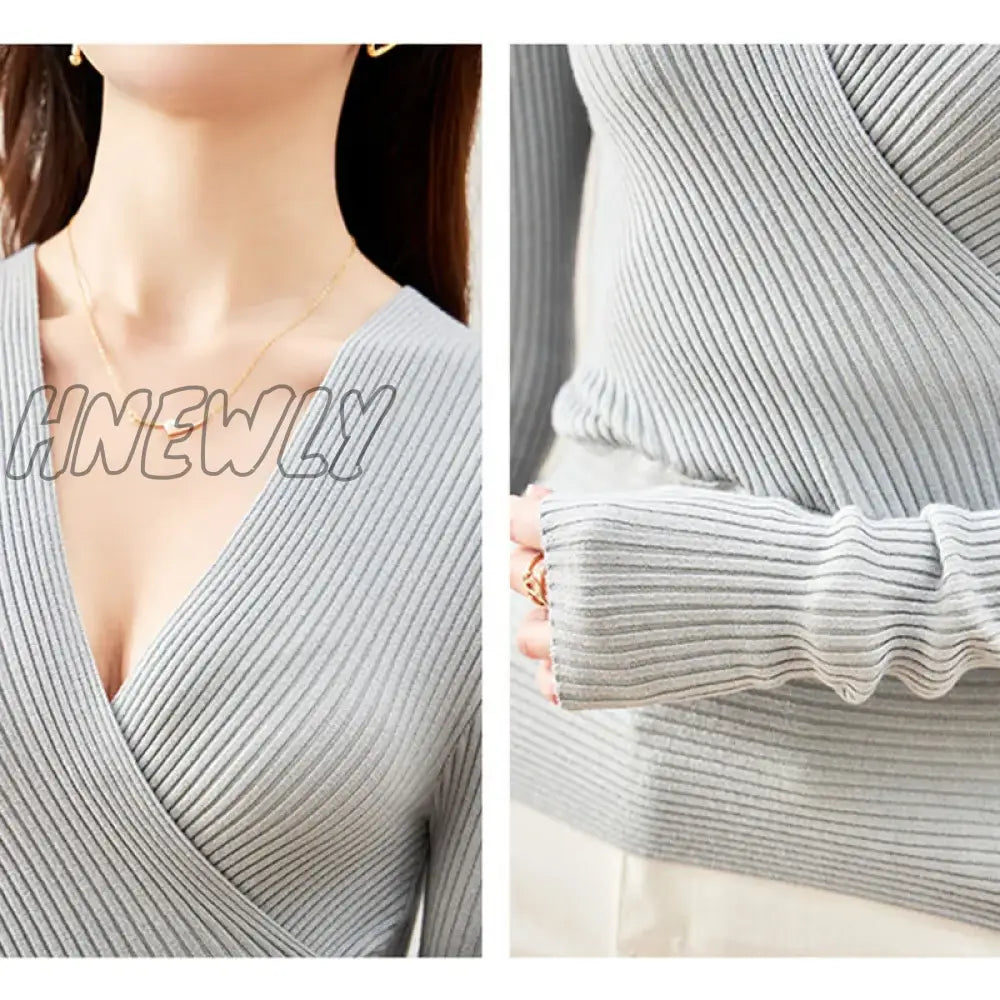 Hnewly Sexy Deep V Neck Sweater Women New Womens Clothing Slim Bottoming Large Elastic Knitwear Rib