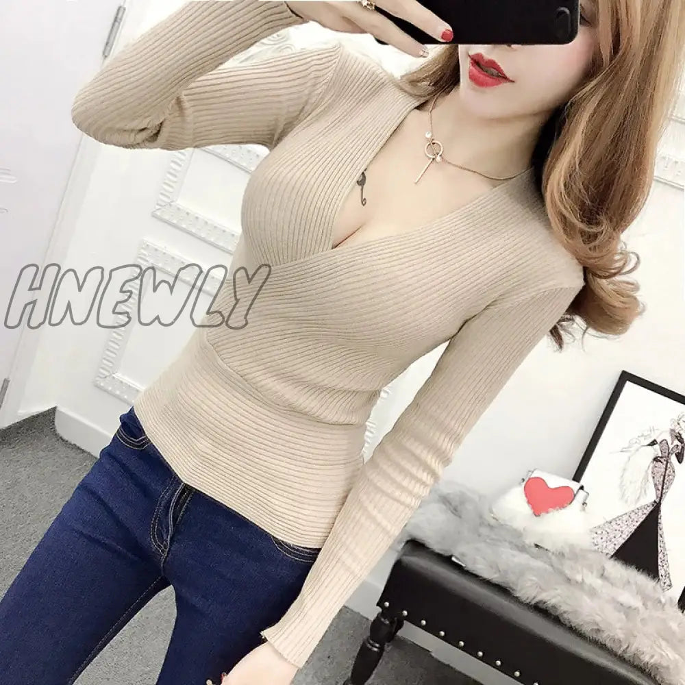 Hnewly Sexy Deep V Neck Sweater Women New Womens Clothing Slim Bottoming Large Elastic Knitwear Rib