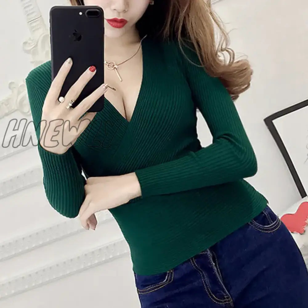 Hnewly Sexy Deep V Neck Sweater Women New Womens Clothing Slim Bottoming Large Elastic Knitwear Rib