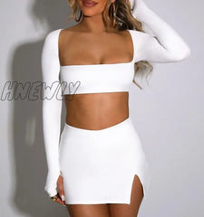 Hnewly Sexy Dress Set Women White Square Collar Full Sleeve Crop Top And Mini Skirt Matching Sets