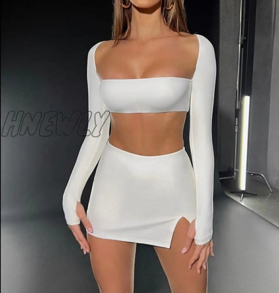 Hnewly Sexy Dress Set Women White Square Collar Full Sleeve Crop Top And Mini Skirt Matching Sets