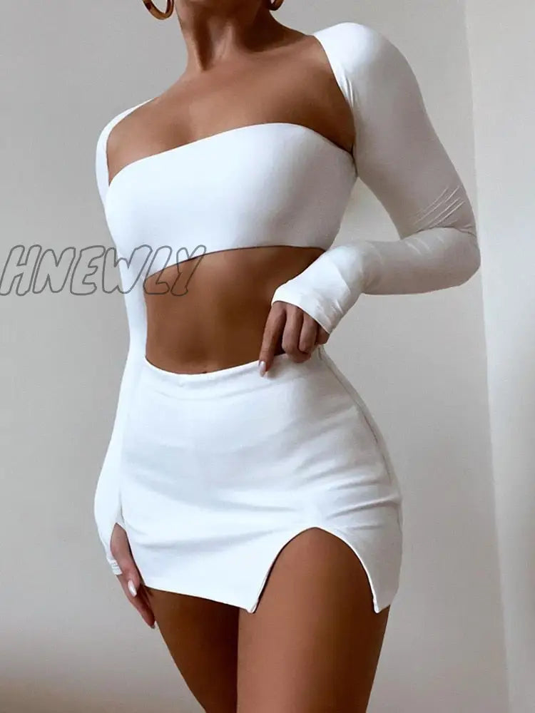 Hnewly Sexy Dress Set Women White Square Collar Full Sleeve Crop Top And Mini Skirt Matching Sets