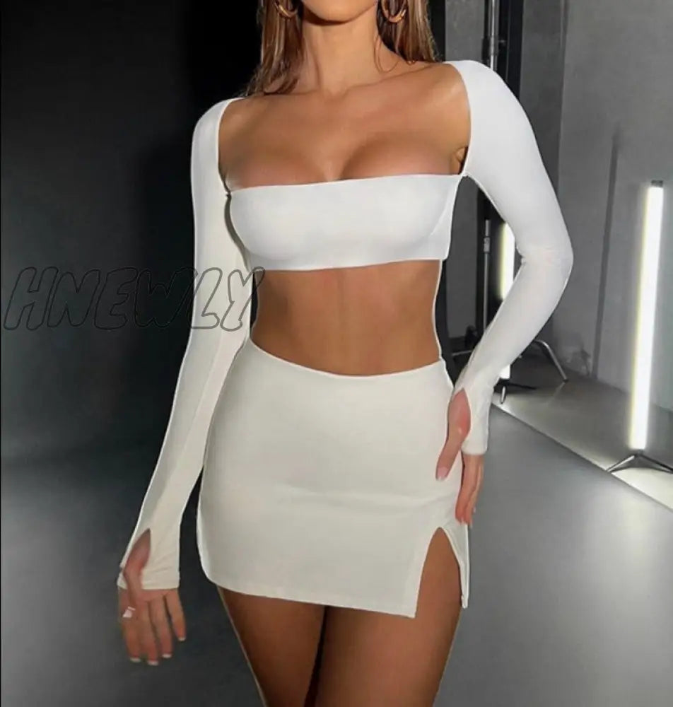 Hnewly Sexy Dress Set Women White Square Collar Full Sleeve Crop Top And Mini Skirt Matching Sets