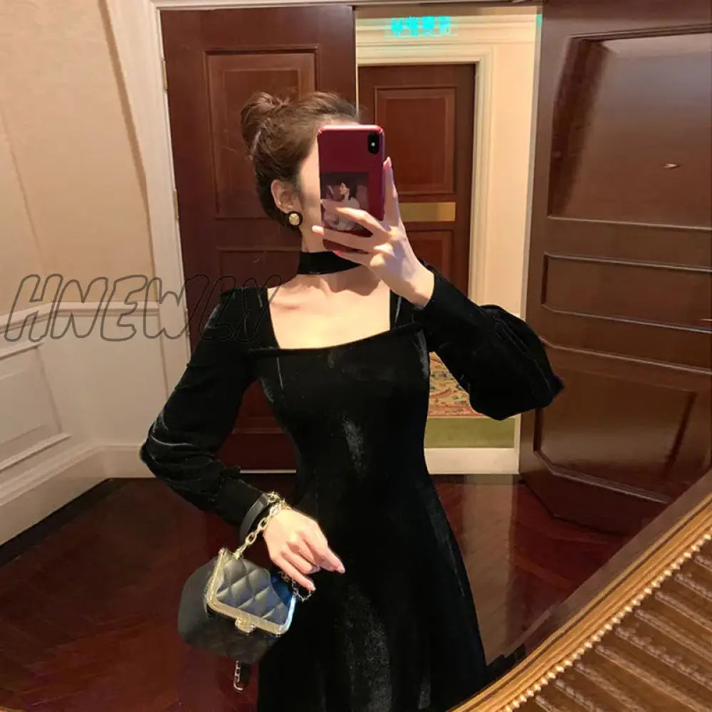 Hnewly Sexy Dress Women French Retro Vintage Square Collar Waist Office Lady Wine Red Golden Velvet