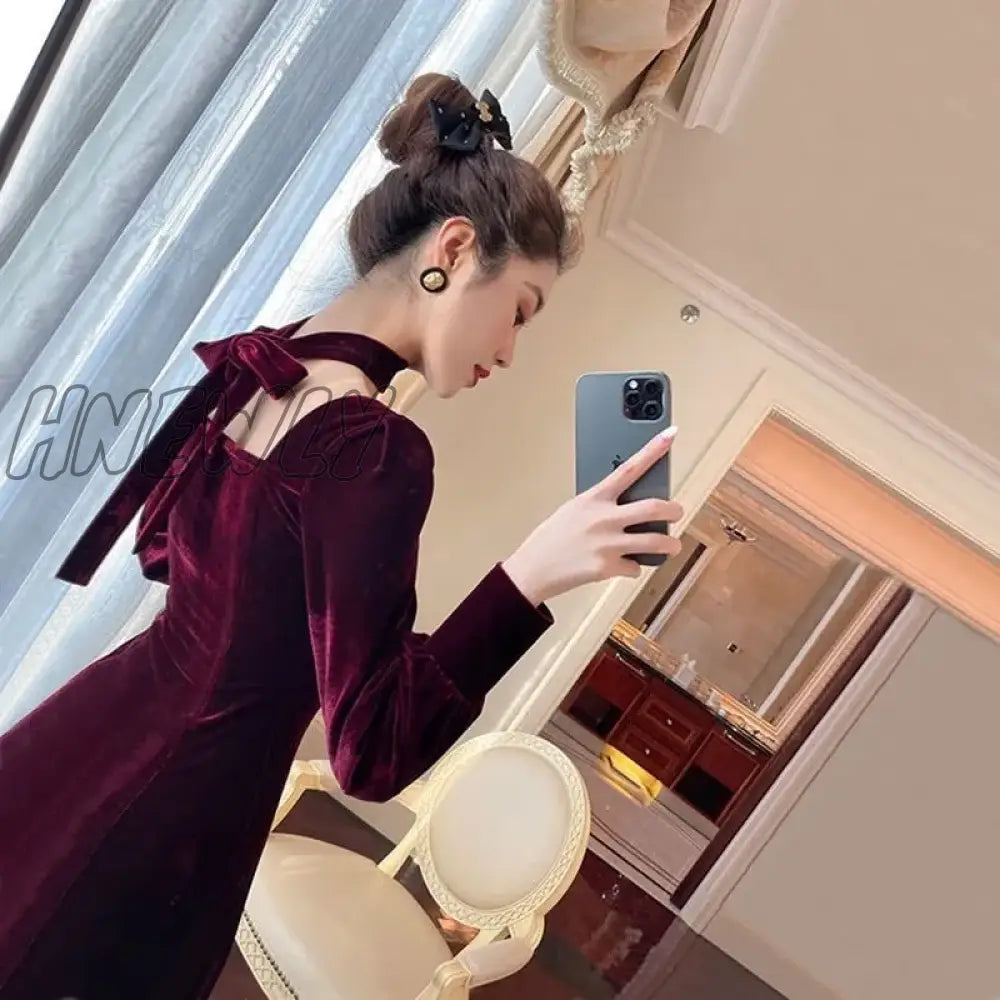 Hnewly Sexy Dress Women French Retro Vintage Square Collar Waist Office Lady Wine Red Golden Velvet