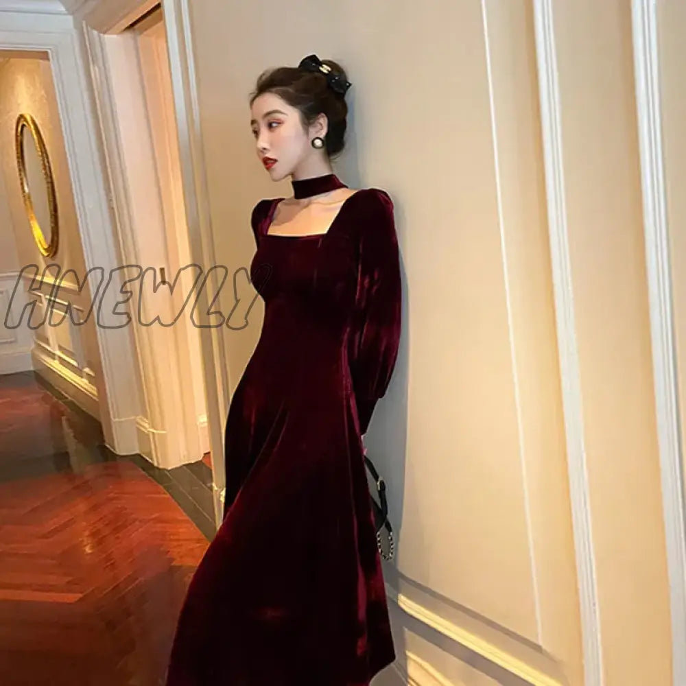 Hnewly Sexy Dress Women French Retro Vintage Square Collar Waist Office Lady Wine Red Golden Velvet