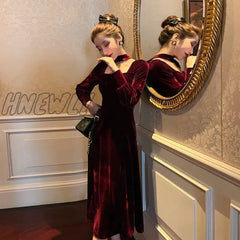 Hnewly Sexy Dress Women French Retro Vintage Square Collar Waist Office Lady Wine Red Golden Velvet