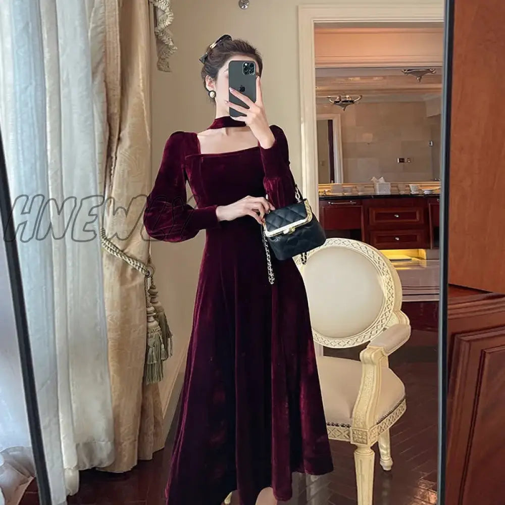 Hnewly Sexy Dress Women French Retro Vintage Square Collar Waist Office Lady Wine Red Golden Velvet