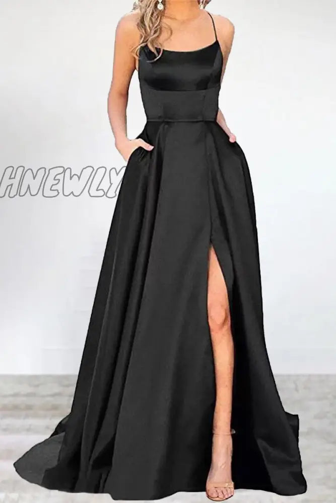 Hnewly - Sexy Formal Solid High Opening U Neck Evening Dress Dresses(16 Colors) Black / S