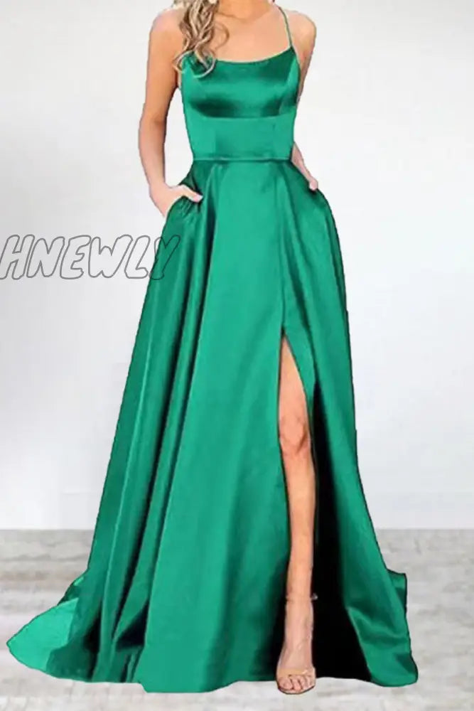 Hnewly - Sexy Formal Solid High Opening U Neck Evening Dress Dresses(16 Colors) Green / S