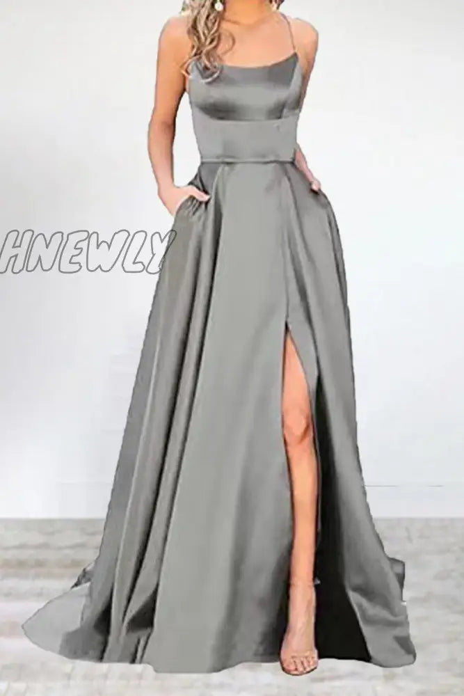 Hnewly - Sexy Formal Solid High Opening U Neck Evening Dress Dresses(16 Colors) Grey / S