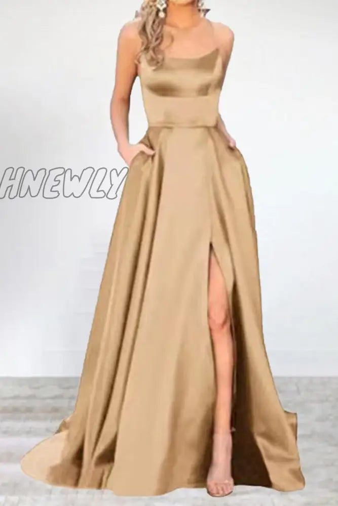 Hnewly - Sexy Formal Solid High Opening U Neck Evening Dress Dresses(16 Colors) Khaki / S