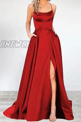 Hnewly - Sexy Formal Solid High Opening U Neck Evening Dress Dresses(16 Colors) Red / S