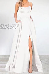 Hnewly - Sexy Formal Solid High Opening U Neck Evening Dress Dresses(16 Colors) White / S