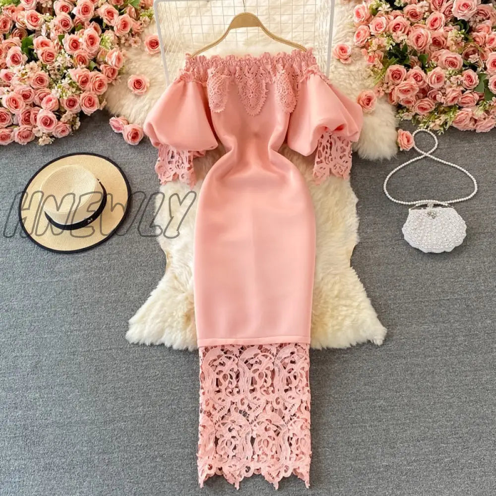 Hnewly Sexy Hollow Out Lace Bodycon Long Dress Women Elegant Red/Pink/White Off Shoulder Patchwork