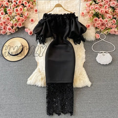 Hnewly Sexy Hollow Out Lace Bodycon Long Dress Women Elegant Red/Pink/White Off Shoulder Patchwork