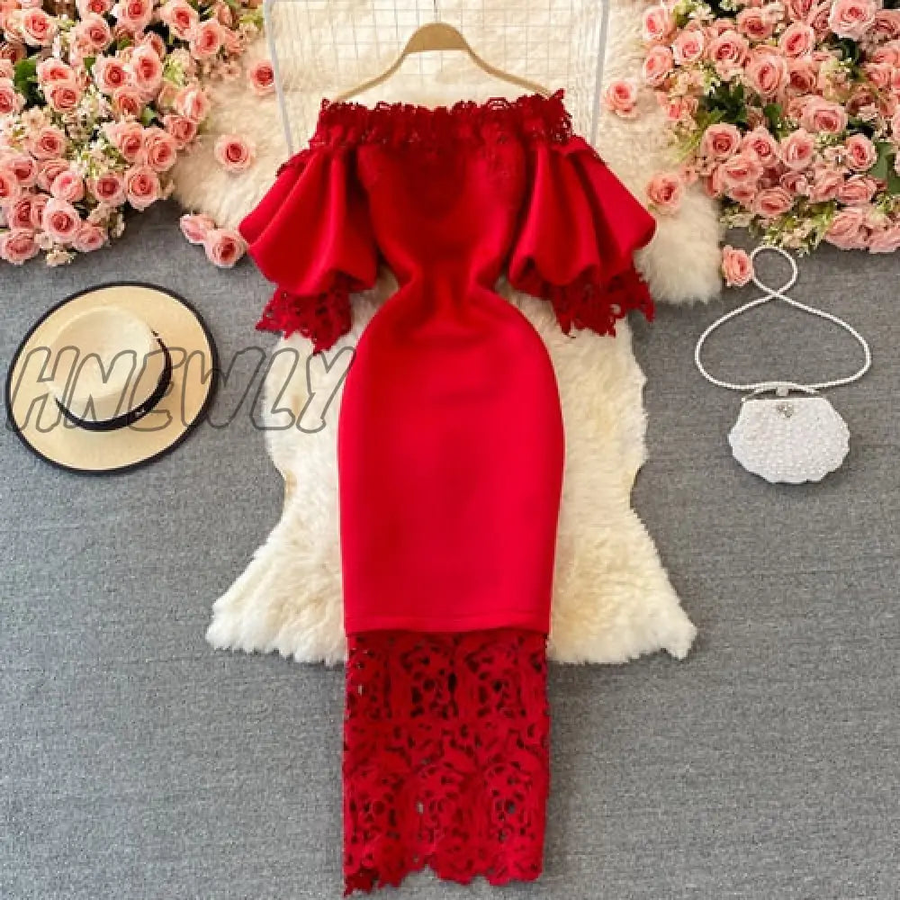 Hnewly Sexy Hollow Out Lace Bodycon Long Dress Women Elegant Red/Pink/White Off Shoulder Patchwork