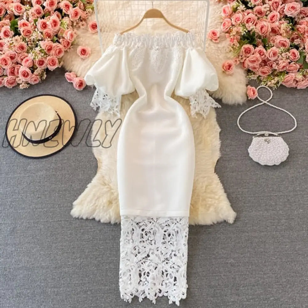 Hnewly Sexy Hollow Out Lace Bodycon Long Dress Women Elegant Red/Pink/White Off Shoulder Patchwork