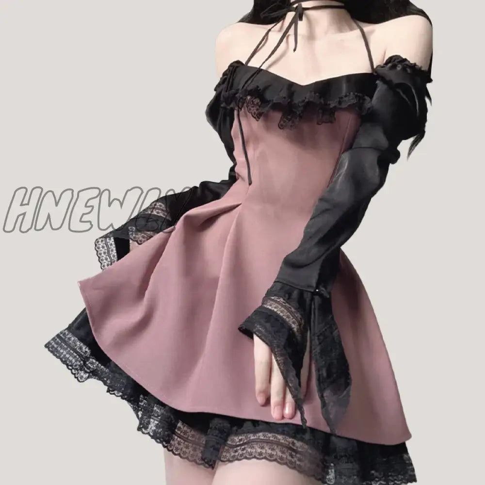 Sexy Hot Girl Women Outfits Lace Panel Long Sleeve Pink Mesh Dress 2023 Summer New Goth Slim Club