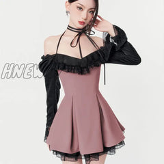 Sexy Hot Girl Women Outfits Lace Panel Long Sleeve Pink Mesh Dress 2023 Summer New Goth Slim Club