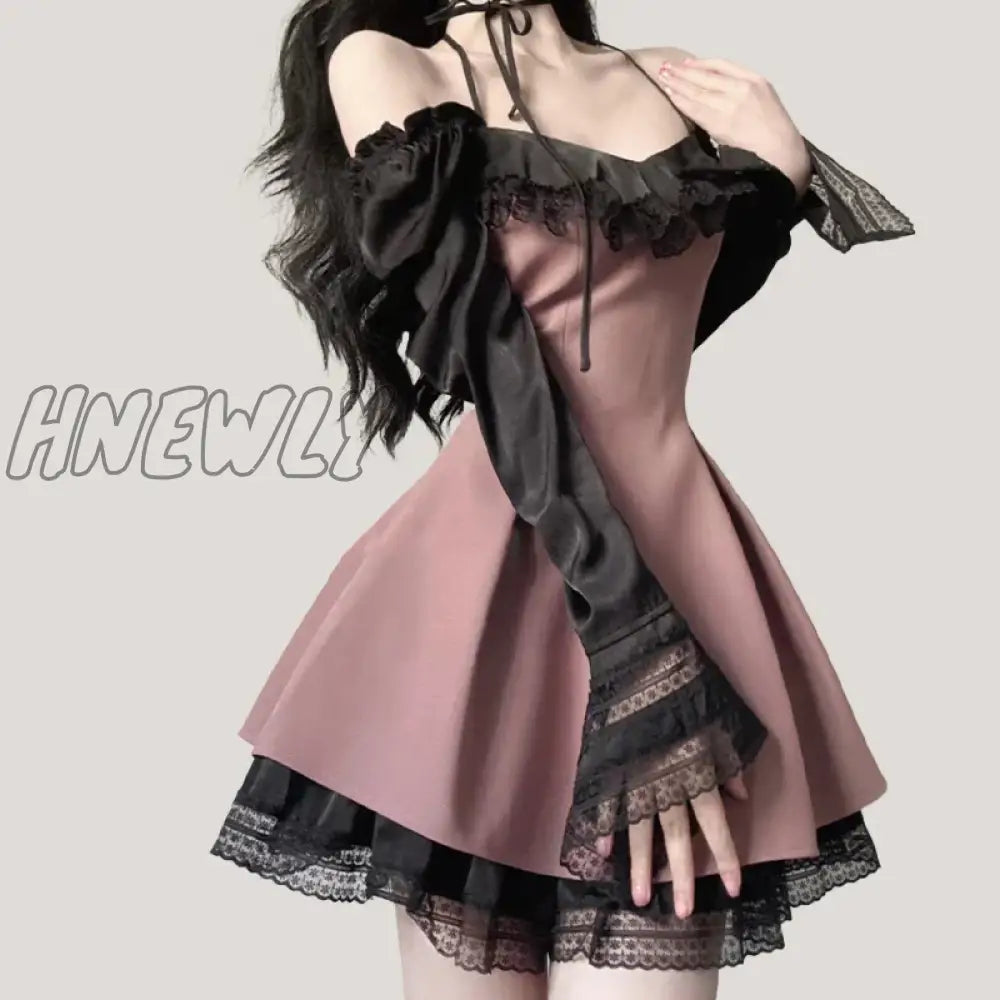 Sexy Hot Girl Women Outfits Lace Panel Long Sleeve Pink Mesh Dress 2023 Summer New Goth Slim Club