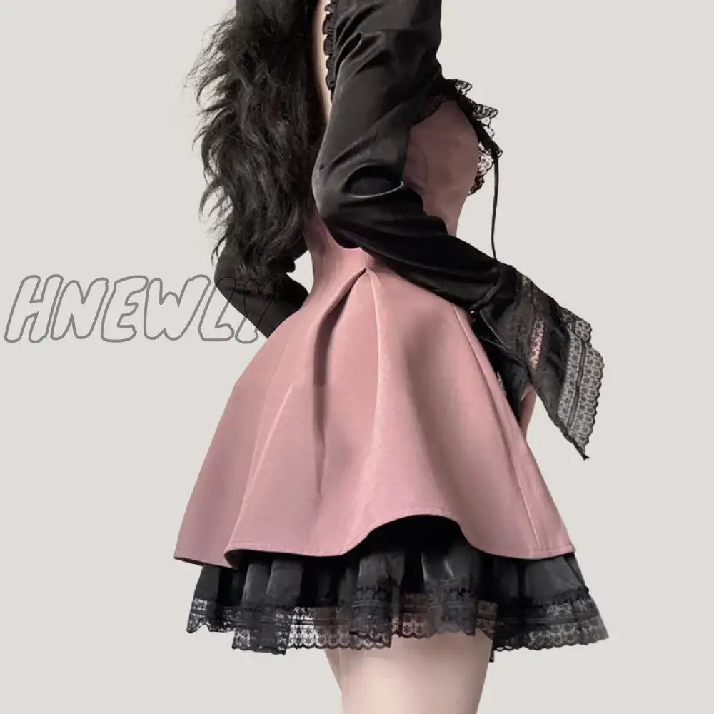 Sexy Hot Girl Women Outfits Lace Panel Long Sleeve Pink Mesh Dress 2023 Summer New Goth Slim Club