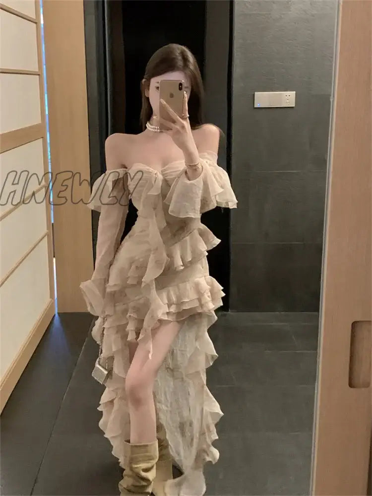 Sexy Irregular Layered Party Dress Women Stunning Ruffled Edge Long Sleeved High Low Dresses Off