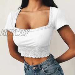 Hnewly Sexy Lace Trim White Ribbed Crop Top Women Summer Vintage Tee Shirts Harajuku Best Friends