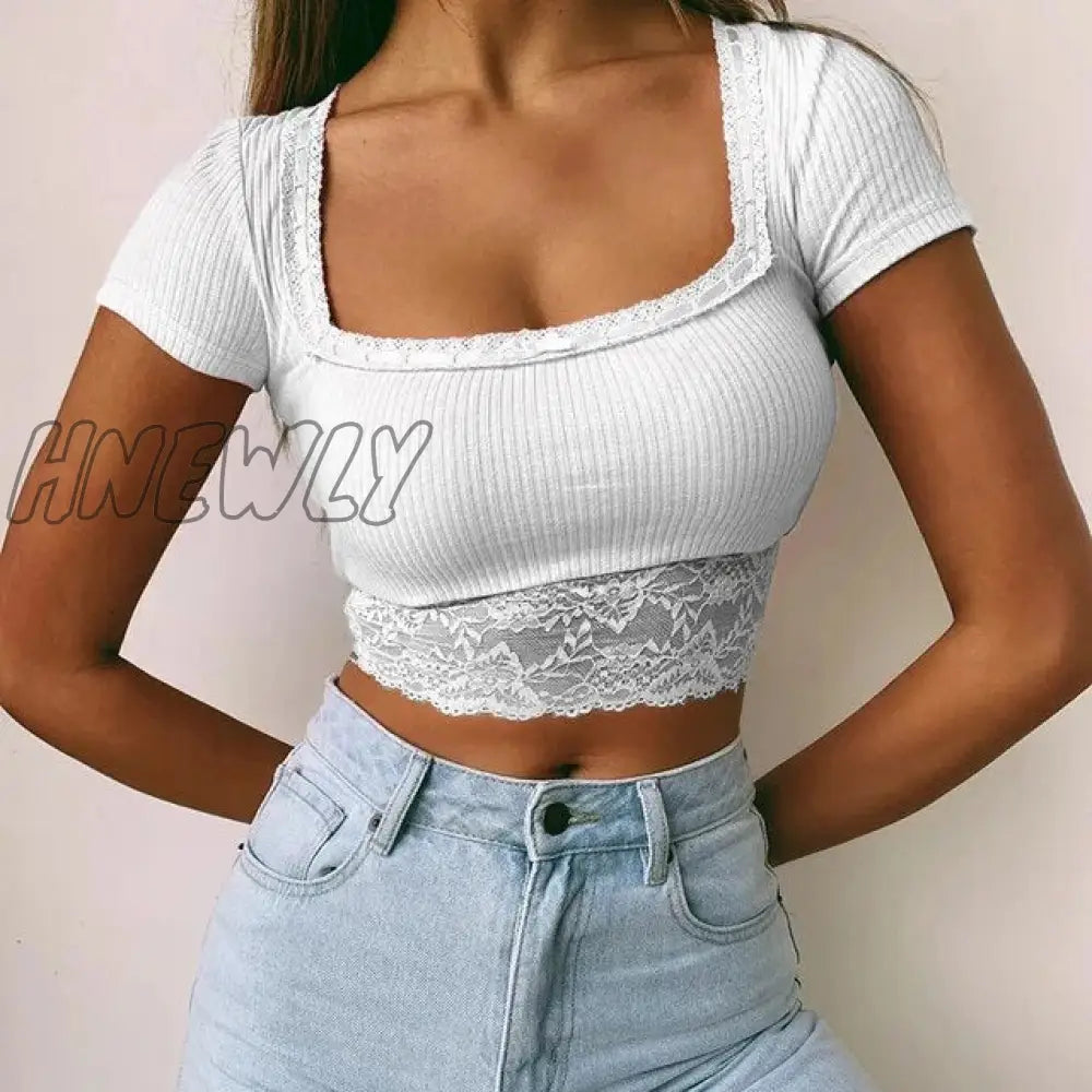 Hnewly Sexy Lace Trim White Ribbed Crop Top Women Summer Vintage Tee Shirts Harajuku Best Friends