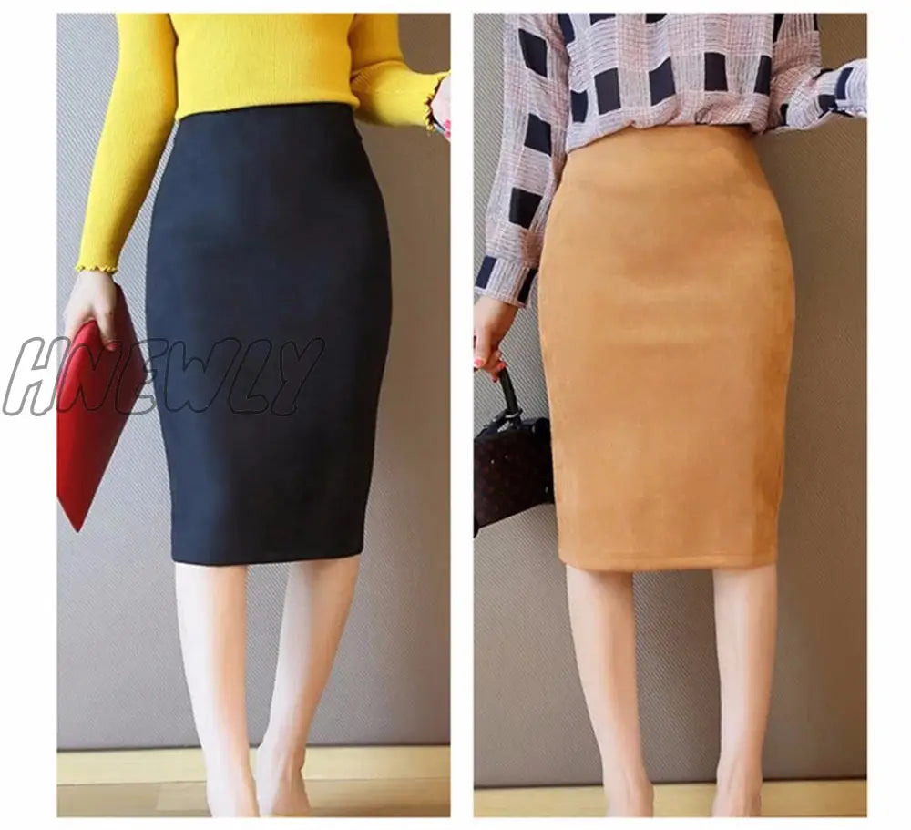 Hnewly Sexy Multi Color Suede Midi Pencil Skirt Women Fashion Elastic High Waist Office Lady