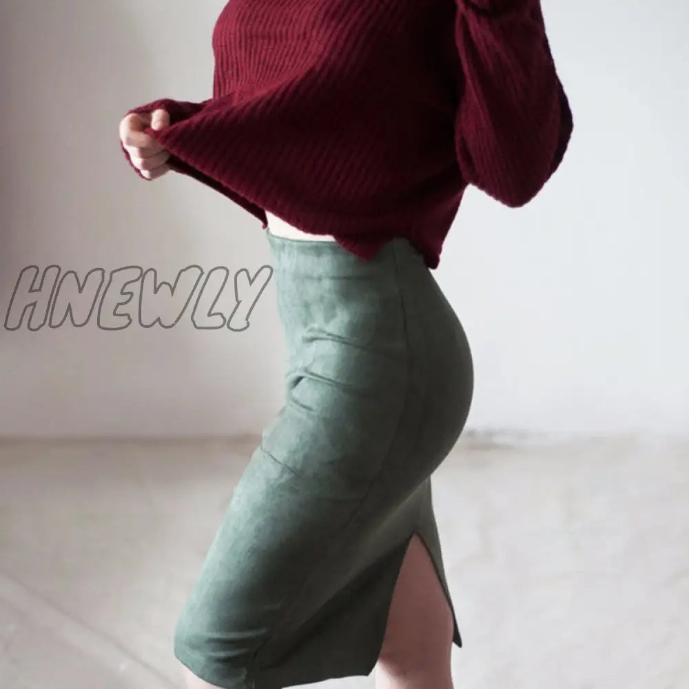 Hnewly Sexy Multi Color Suede Midi Pencil Skirt Women Fashion Elastic High Waist Office Lady