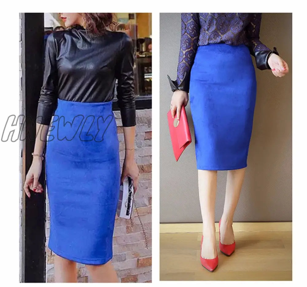 Hnewly Sexy Multi Color Suede Midi Pencil Skirt Women Fashion Elastic High Waist Office Lady