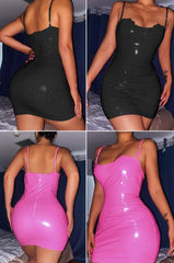 Hnewly Sexy Night Club Party Pu Leather Mini Bodycon Dress Women Solid Slim Spaghetti Strap