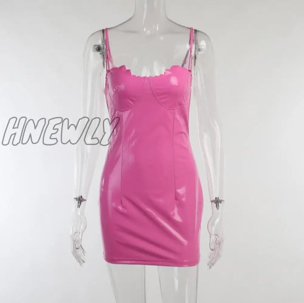 Hnewly Sexy Night Club Party Pu Leather Mini Bodycon Dress Women Solid Slim Spaghetti Strap