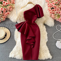 Hnewly Sexy Off Shoulder Party Dress Women Summer Diagonal High Waist Irregular Ruffle Bodycon