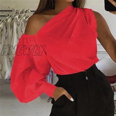 Hnewly Sexy Off Shoulder Women Office Shirts Celmia Fashion Long Sleeve Blouse Casual Loose Solid