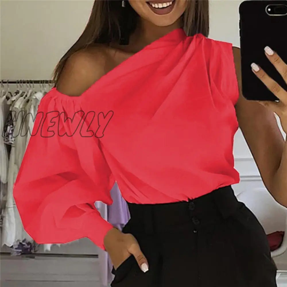 Hnewly Sexy Off Shoulder Women Office Shirts Celmia Fashion Long Sleeve Blouse Casual Loose Solid