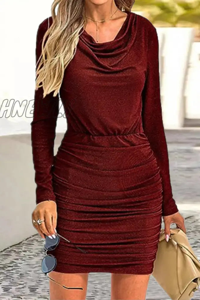 Hnewly - Sexy Party Solid Fold Sequined Scarf Collar Wrapped Skirt Dresses(6 Colors) Dresses/Party