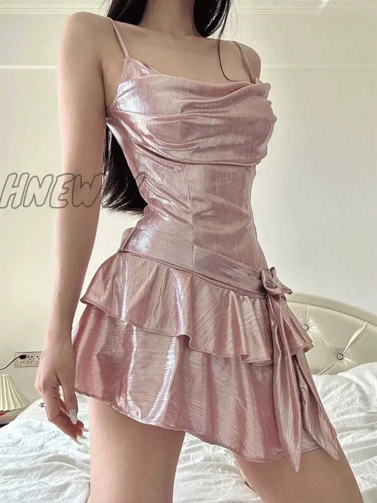 Hnewly Sexy Ruffle Mini Dress Pink Asymmetrical Bodycon Summer Elegant Party For Women 2024 Fashion
